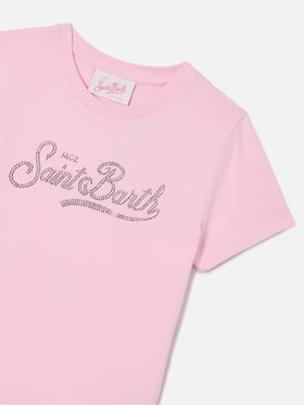 Elly T-shirt in pink cotton with Saint Barth logo rhinestones embellishment