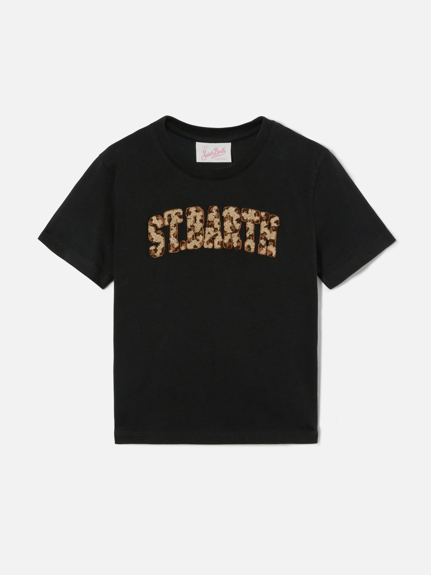 Elly T-shirt in black cotton with animal print logo patch