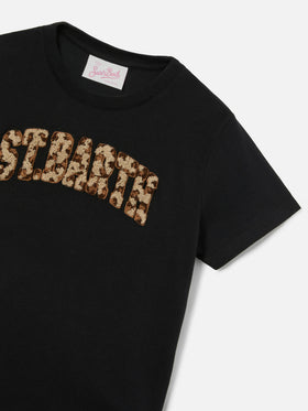 Elly T-shirt in black cotton with animal print logo patch