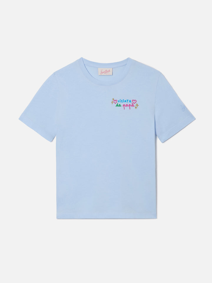 Elly T-shirt in light blue cotton with Viziata da papà embroidery