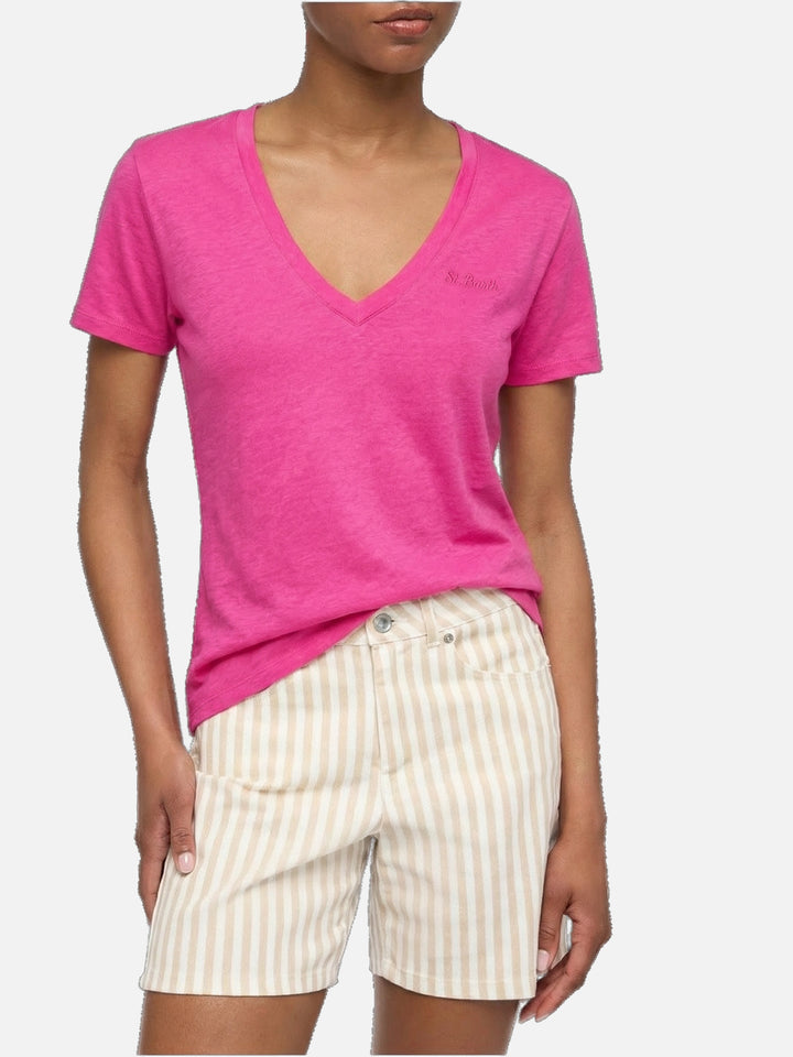 Linen jersey fluo pink V-neck t-shirt Eloise