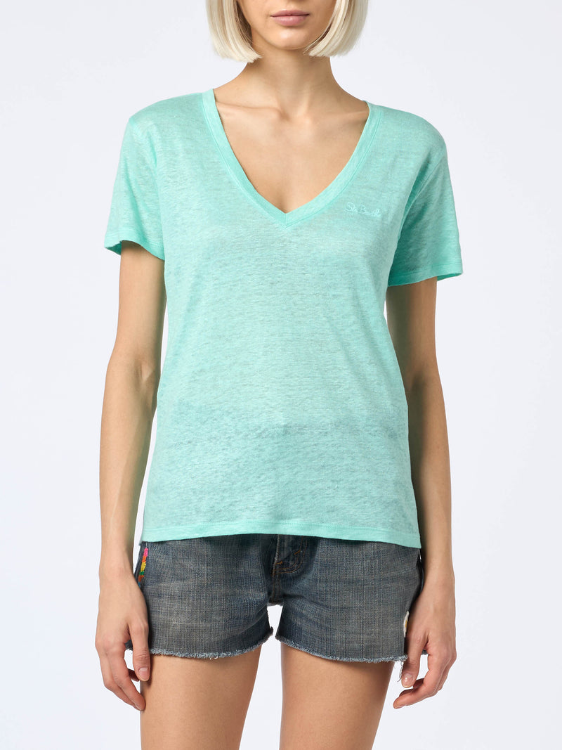 T-shirt scollo a V Eloise in jersey di lino verde salvia