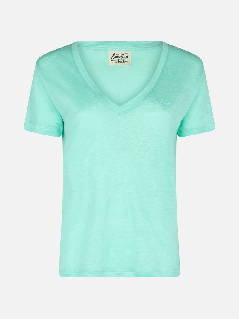 Woman linen jersey sage green V-neck t-shirt Eloise