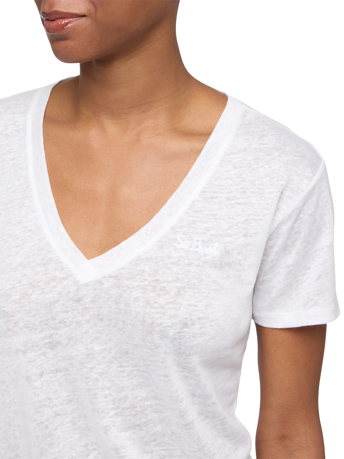Weißes T-Shirt mit V-Ausschnitt aus Leinenjersey Eloise