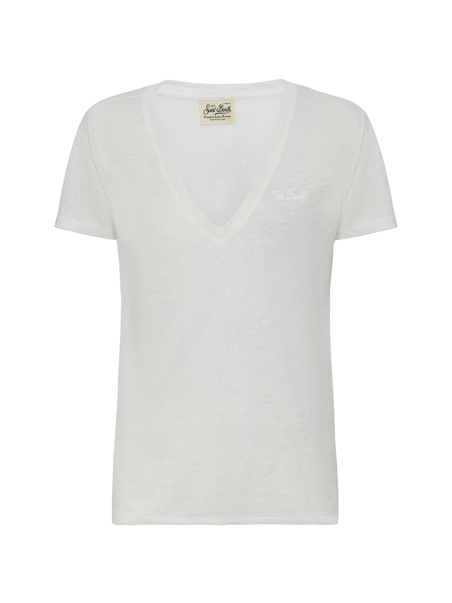Weißes T-Shirt mit V-Ausschnitt aus Leinenjersey Eloise