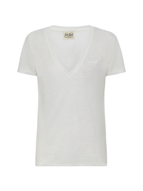 Weißes T-Shirt mit V-Ausschnitt aus Leinenjersey Eloise