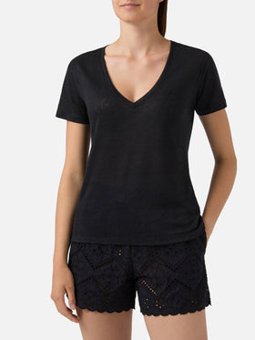 T-shirt Eloise in lino nero con logo ricamato