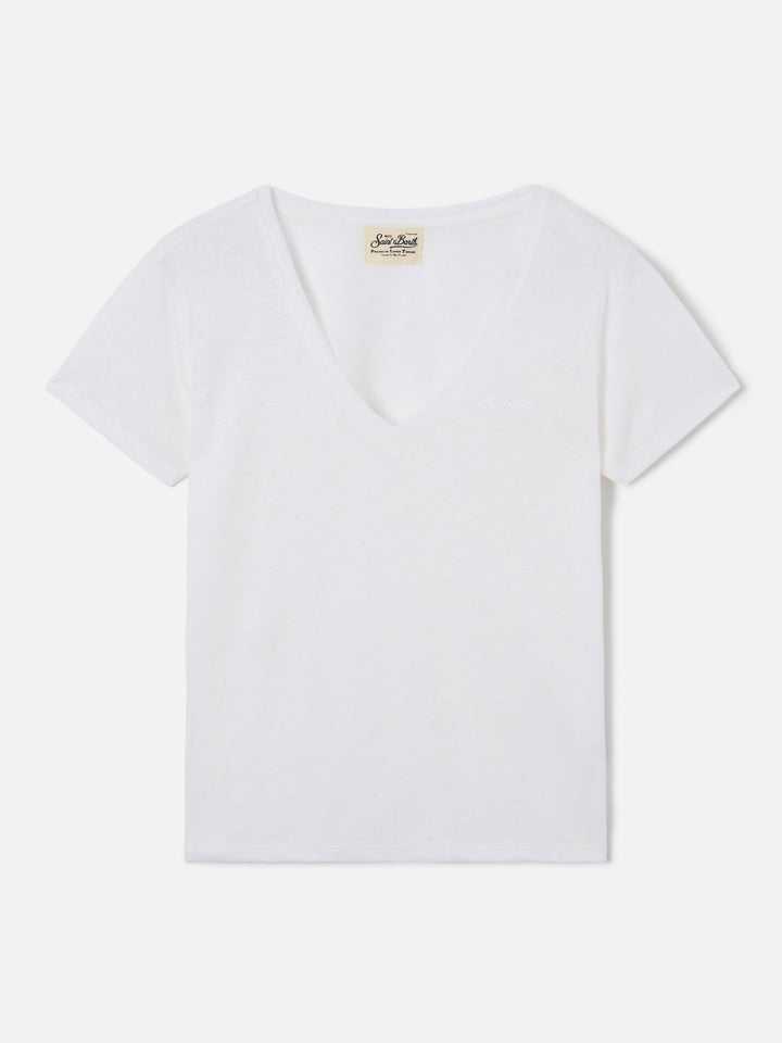 Weißes Eloise T-Shirt aus Leinen mit gesticktem Logo 
