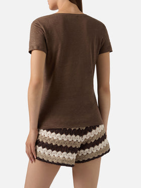 Brown linen Eloise T-shirt with embroidered logo