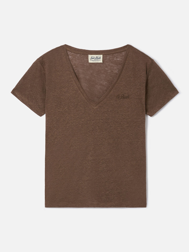 Braunes Eloise T-Shirt aus Leinen mit gesticktem Logo 