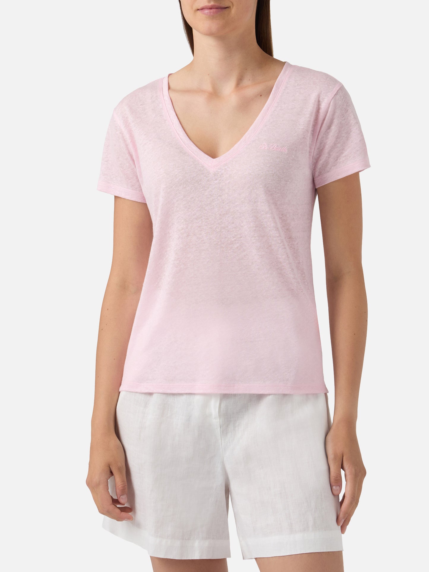 Pink linen Eloise T-shirt with embroidered logo