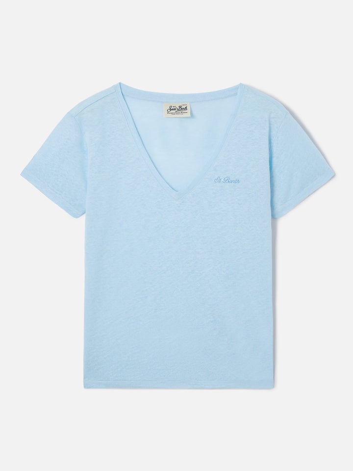 Hellblaues Eloise T-Shirt aus Leinen mit gesticktem Logo 