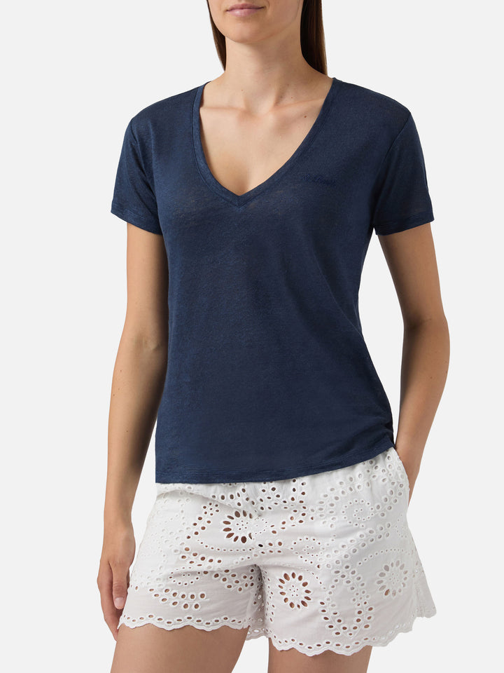 T-shirt Eloise in lino blu con logo ricamato