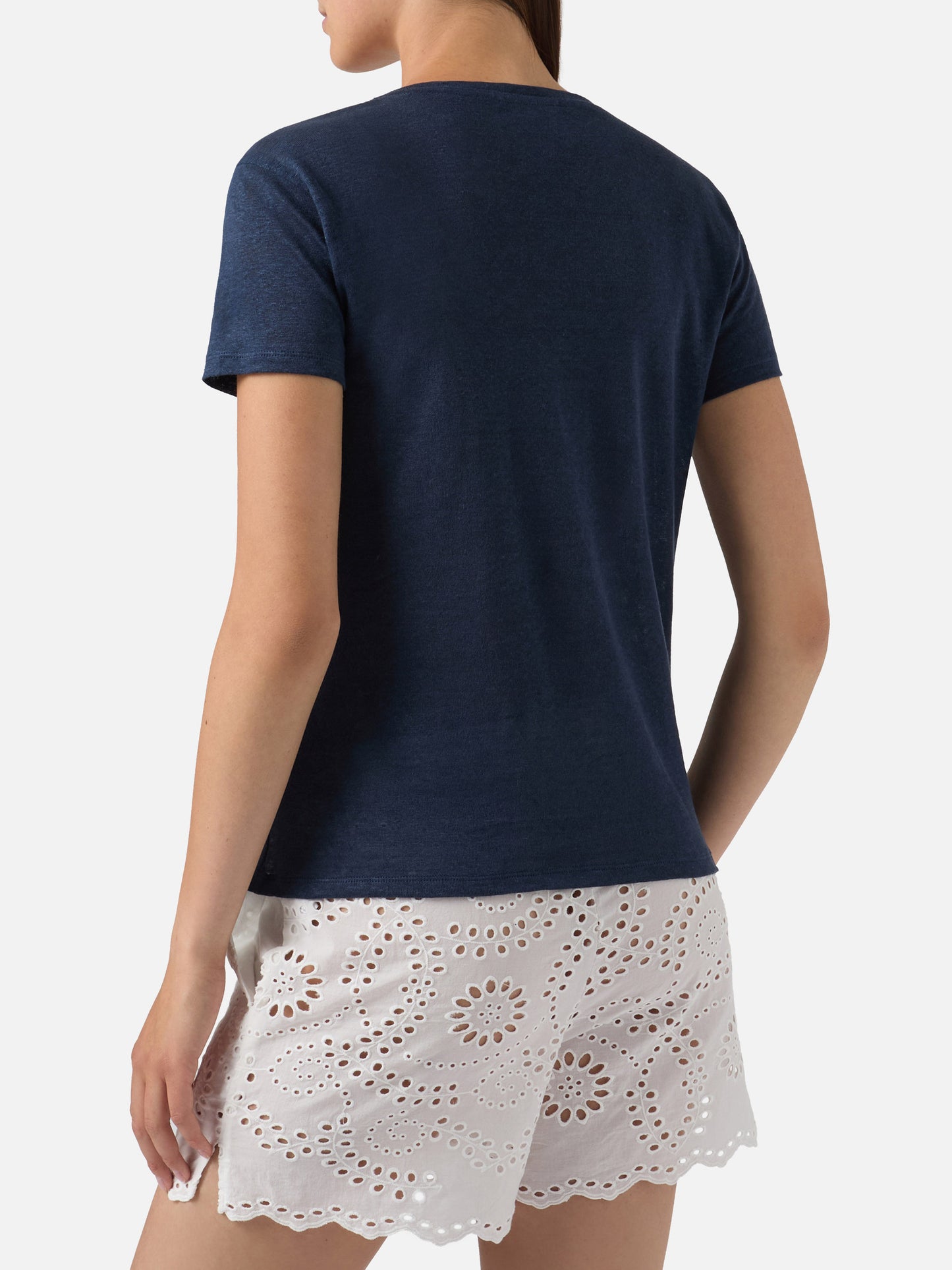 T-shirt Eloise in lino blu con logo ricamato