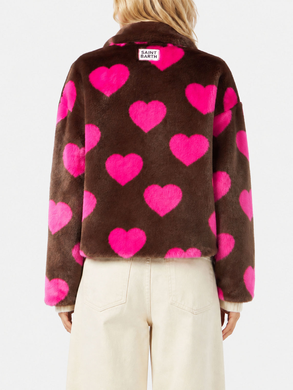 Emelyn short faux fur jacket with heart print