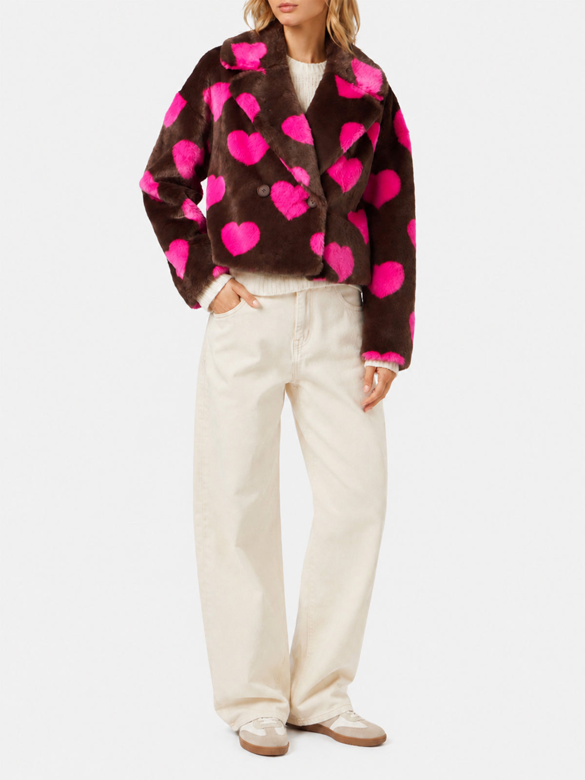 Emelyn short faux fur jacket with heart print