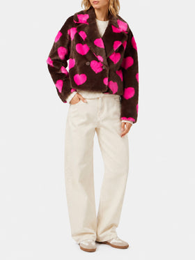 Emelyn short faux fur jacket with heart print