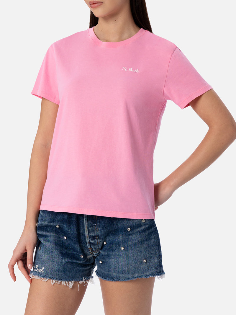 Rosafarbenes Rundhals-T-Shirt Emilie aus Baumwolljersey für Damen