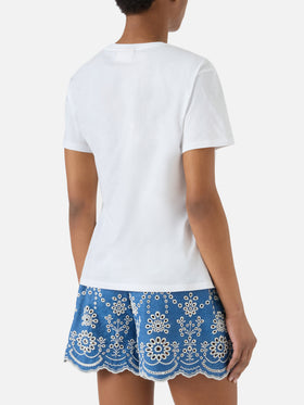 T-shirt Emilie bianca con ricamo Bikini Obsession e strass