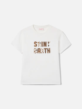 T-shirt Emilie bianca con patch logo animalier ricamata