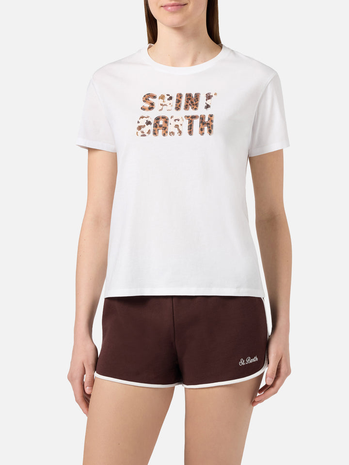 White Emilie T-shirt with embroidered animal print logo patch
