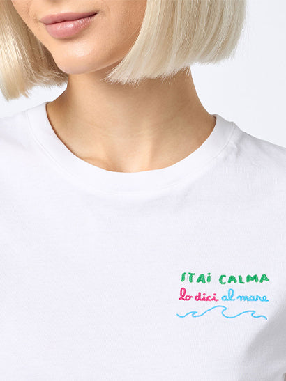 Woman cotton jersey crewneck t-shirt Emilie with Stai calma embroidery