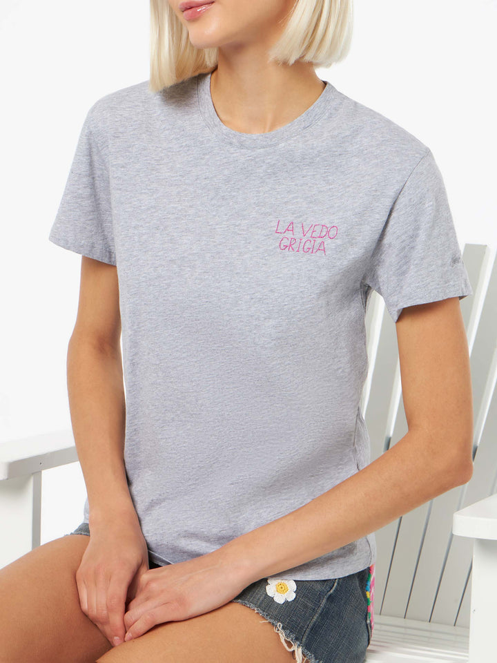 Woman cotton jersey crewneck t-shirt Emilie with La Vedo Grigia embroidery - MC2 Saint Barth