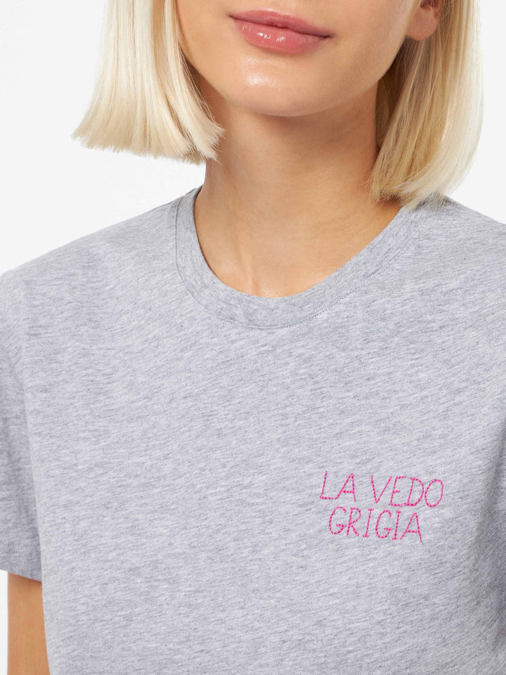 Woman cotton jersey crewneck t-shirt Emilie with La Vedo Grigia embroidery - MC2 Saint Barth