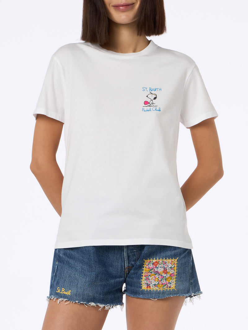 Rosafarbenes Rundhals-T-Shirt Emilie aus Baumwolljersey für Damen mit Snoopy St. Barth Padel Club-Stickerei | SNOOPY PEANUTS SPECIAL EDITION