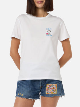 Woman pink cotton jersey crewneck t-shirt Emilie with Snoopy St. Barth Padel Club embroidery | SNOOPY PEANUTS SPECIAL EDITION