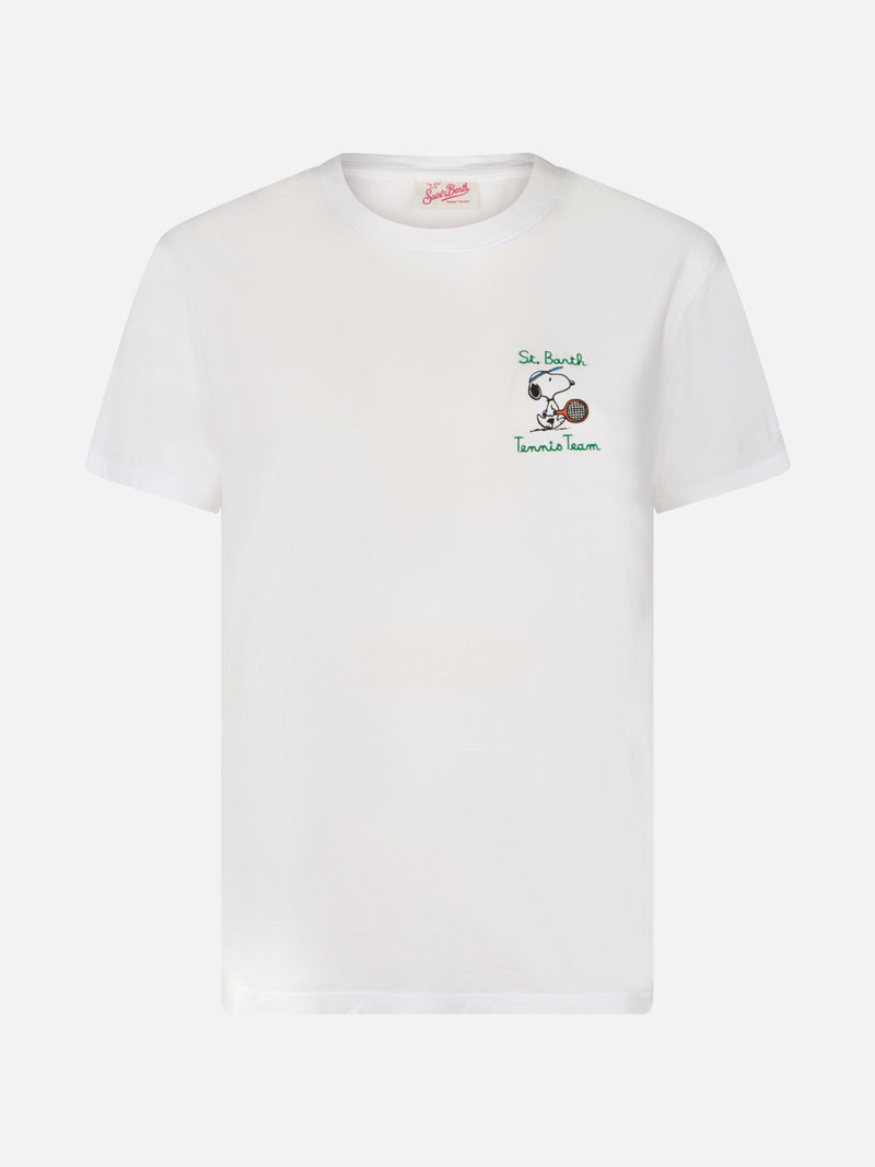 T-shirt girocollo in jersey di cotone rosa da donna Emilie con ricamo Snoopy St. Barth Tennis Team | EDIZIONE SPECIALE SNOOPY PEANUTS