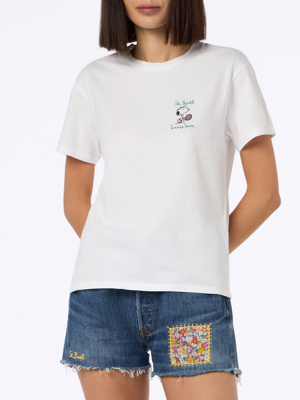 Rosafarbenes Rundhals-T-Shirt Emilie aus Baumwolljersey für Damen mit Snoopy St. Barth Tennis Team-Stickerei | SNOOPY PEANUTS SPECIAL EDITION