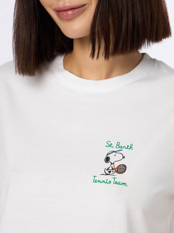 Rosafarbenes Rundhals-T-Shirt Emilie aus Baumwolljersey für Damen mit Snoopy St. Barth Tennis Team-Stickerei | SNOOPY PEANUTS SPECIAL EDITION