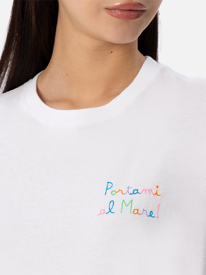 Woman cotton jersey crewneck t-shirt Emilie with Portami al Mare embroidery