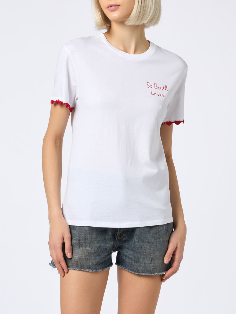 Woman cotton jersey crewneck t-shirt Emilie with St. Barth Lover embroidery