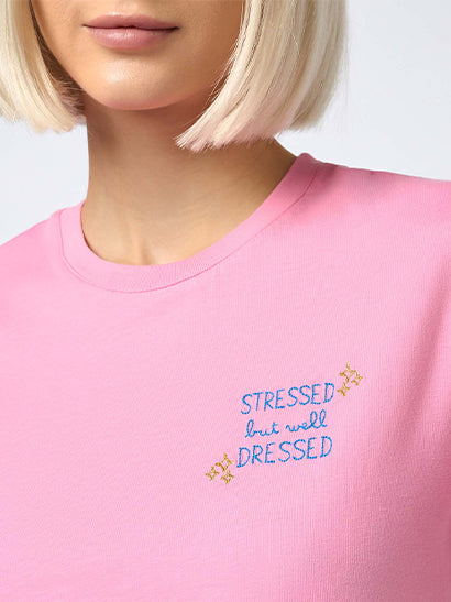 Woman cotton jersey crewneck t-shirt Emilie with Stressed but Well Dressed embroidery