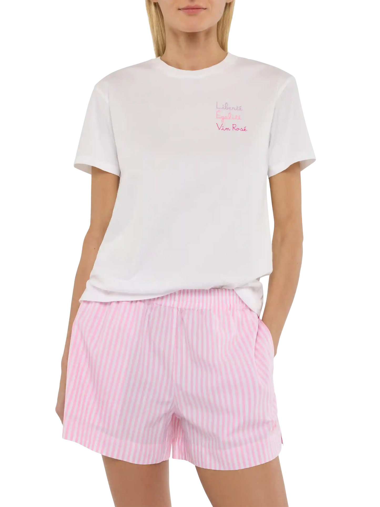 Emilie-Baumwoll-T-Shirt mit Libertè-, Egalitè- und Vin Rosè-Stickerei