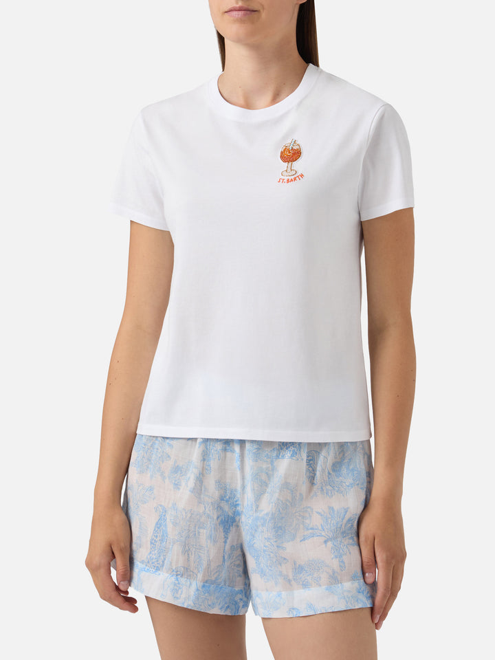 T-shirt Emilie bianca con ricamo cocktail in perline