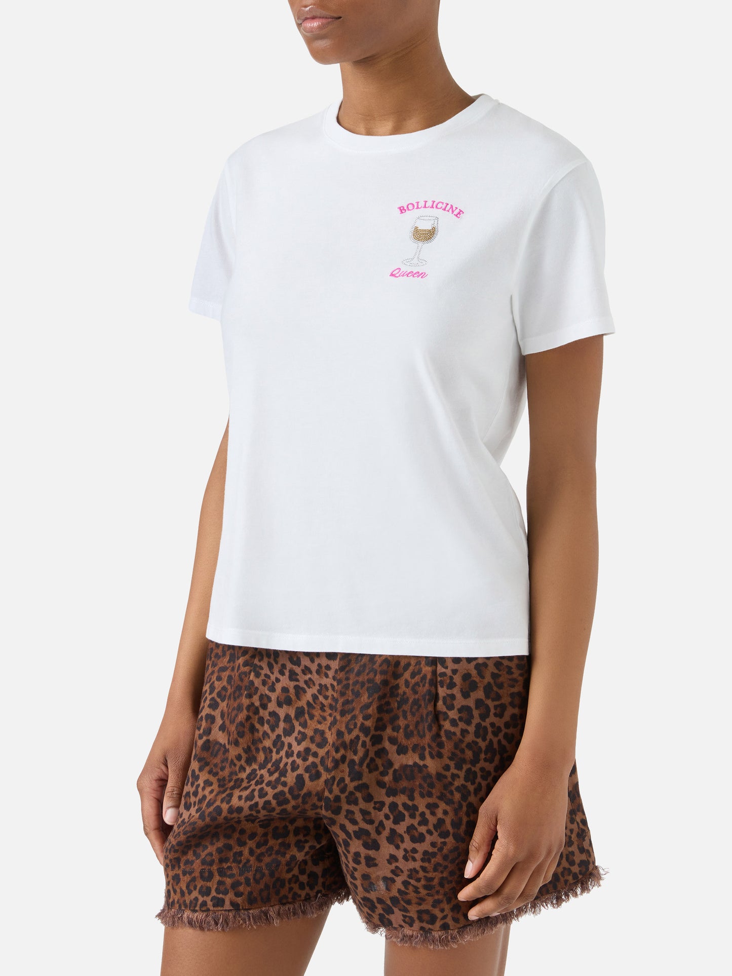 White Emilie T-shirt with Bollicine Queen embroidery and rhinestones
