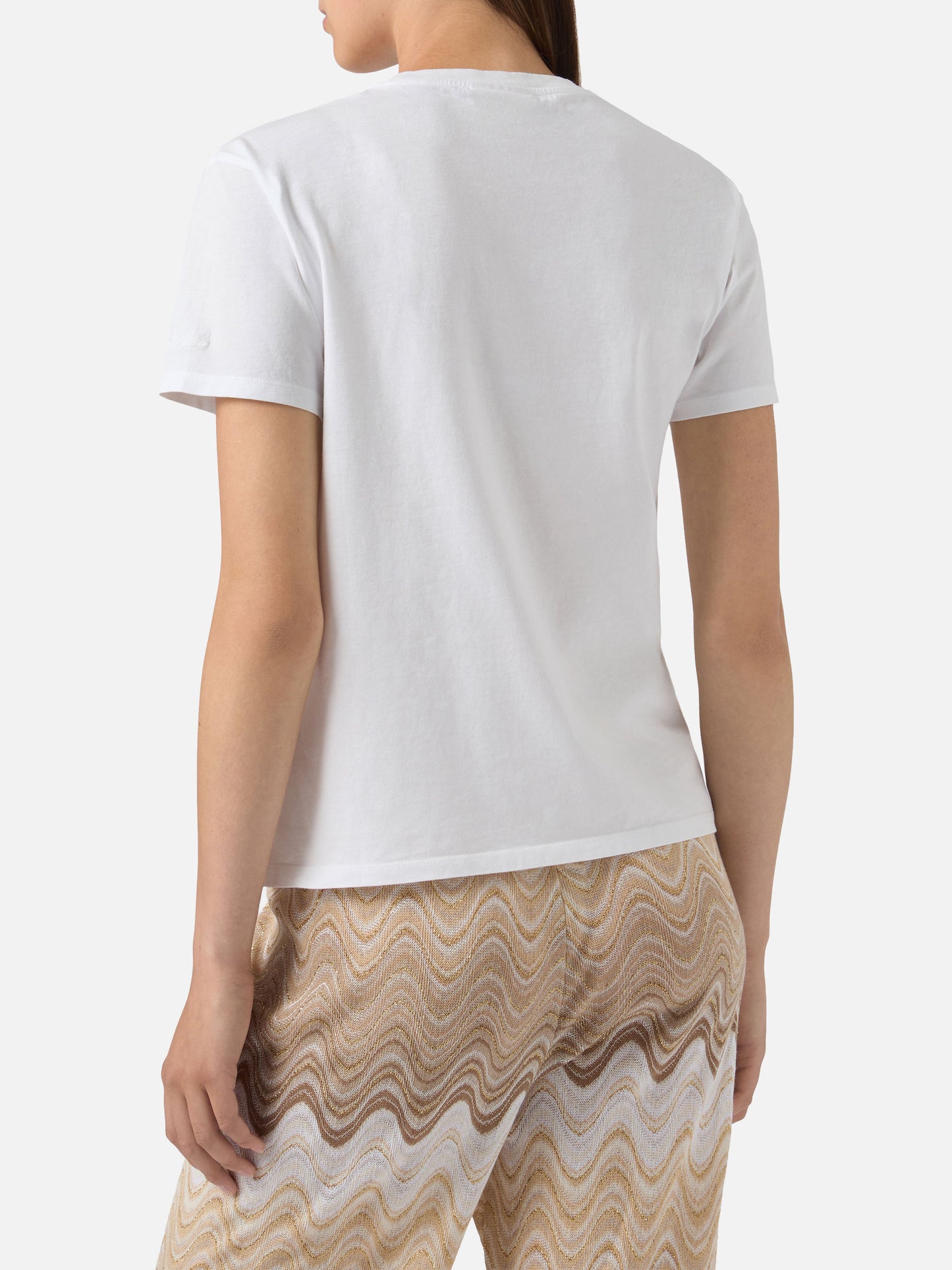White Emilie T-shirt with Gin Tonic Addicted embroidery and rhinestones