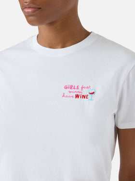 White Emilie T-shirt with Girls Just Wanna Have Wine embroidery
