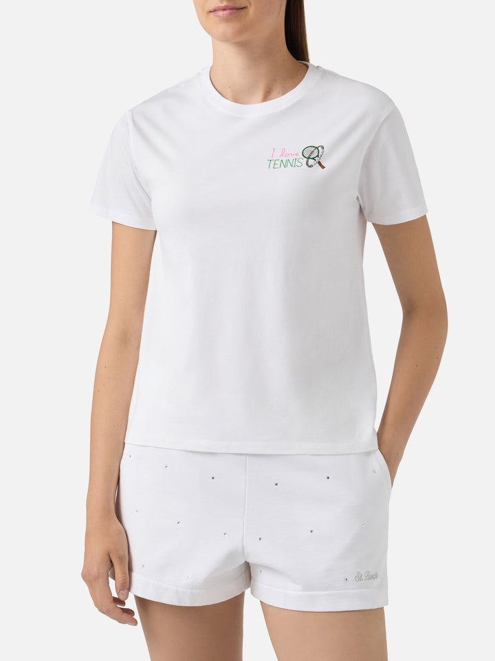 White Emilie T-shirt with I Love Tennis embroidery and rhinestones