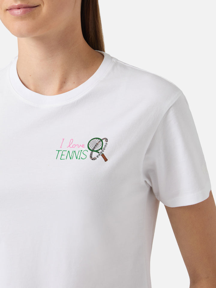 T-shirt Emilie bianca con ricamo I Love Tennis e strass