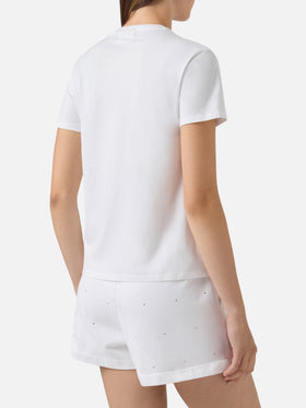 White Emilie T-shirt with I Love Tennis embroidery and rhinestones