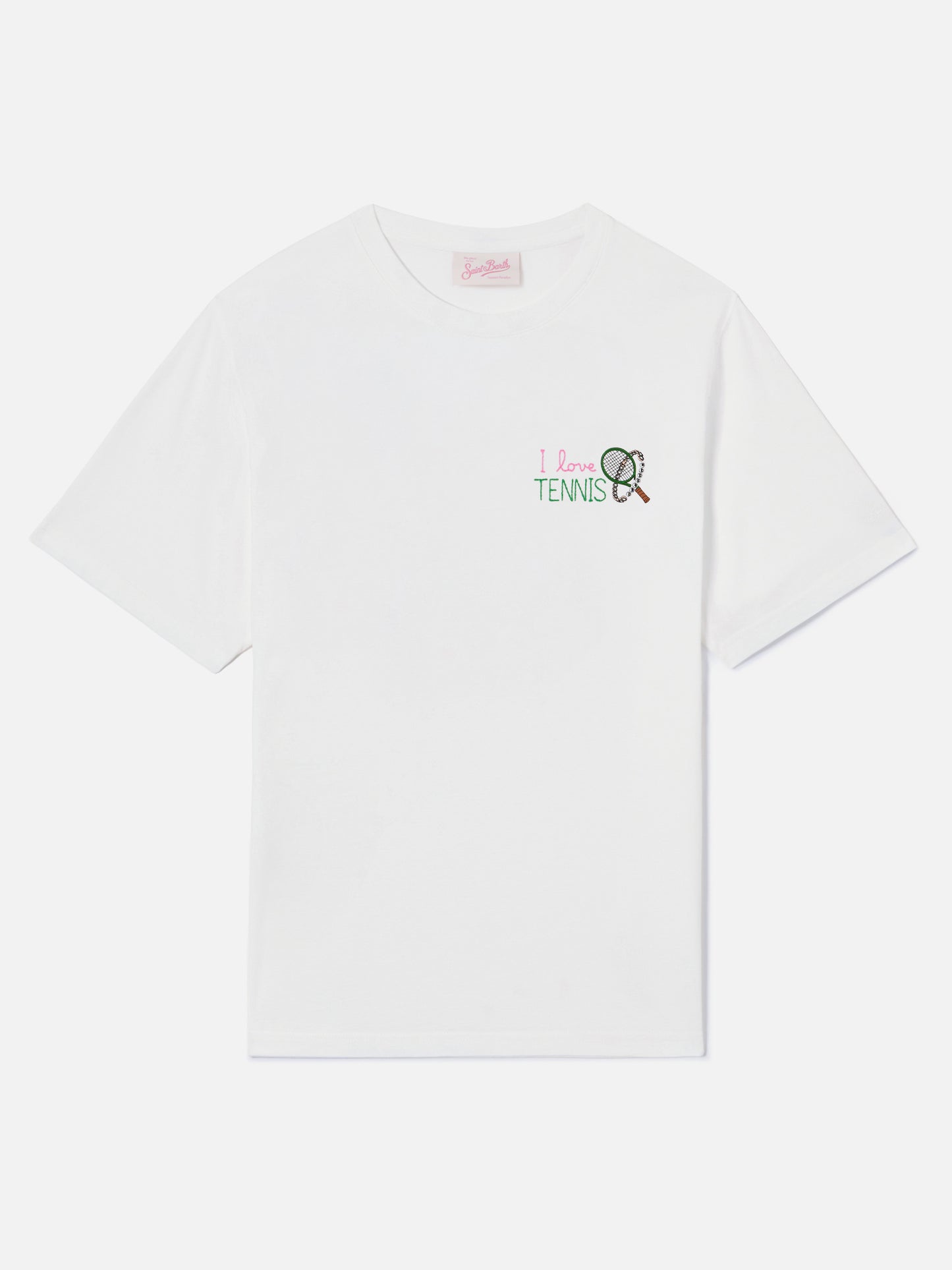 White Emilie T-shirt with I Love Tennis embroidery and rhinestones