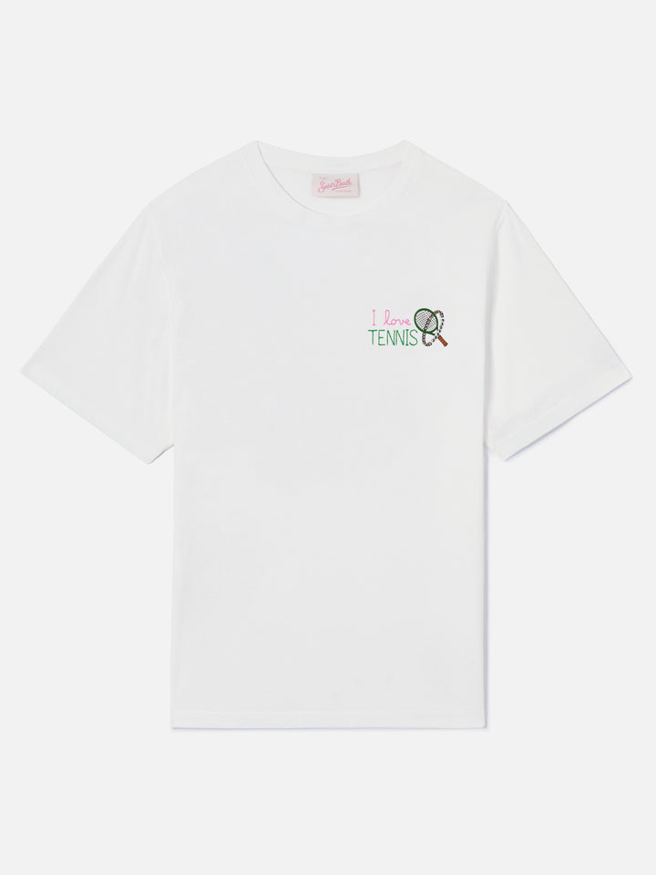 White Emilie T-shirt with I Love Tennis embroidery and rhinestones