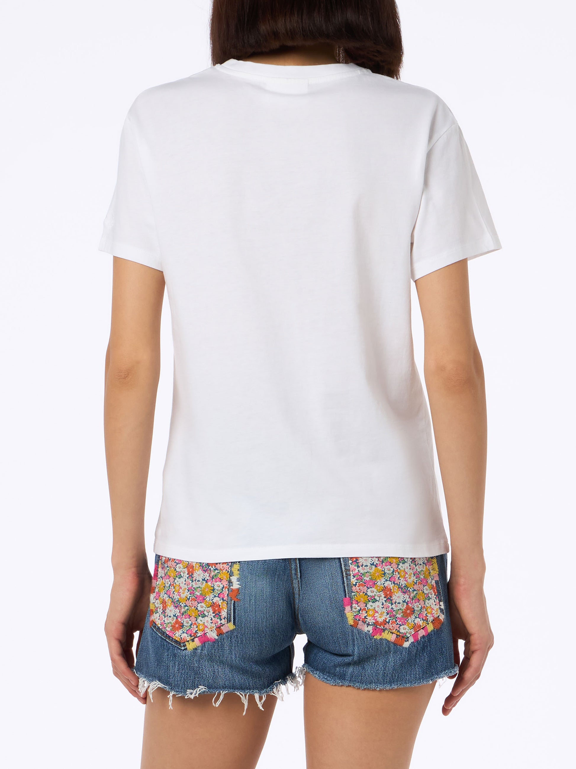 Woman white cotton jersey crewneck t-shirt Emilie with Bollicine Queen embroidery - MC2 Saint Barth