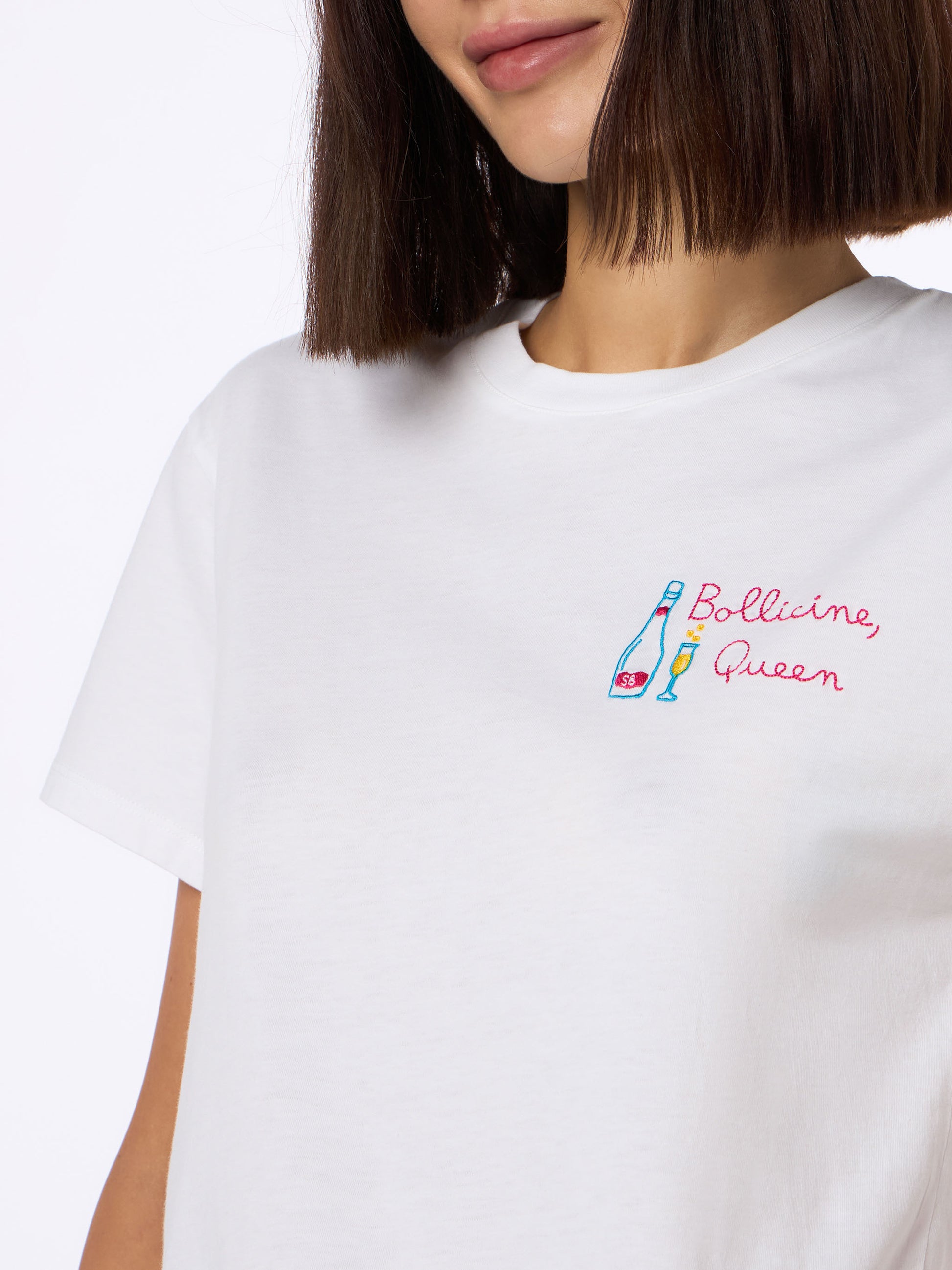 Woman white cotton jersey crewneck t-shirt Emilie with Bollicine Queen embroidery - MC2 Saint Barth