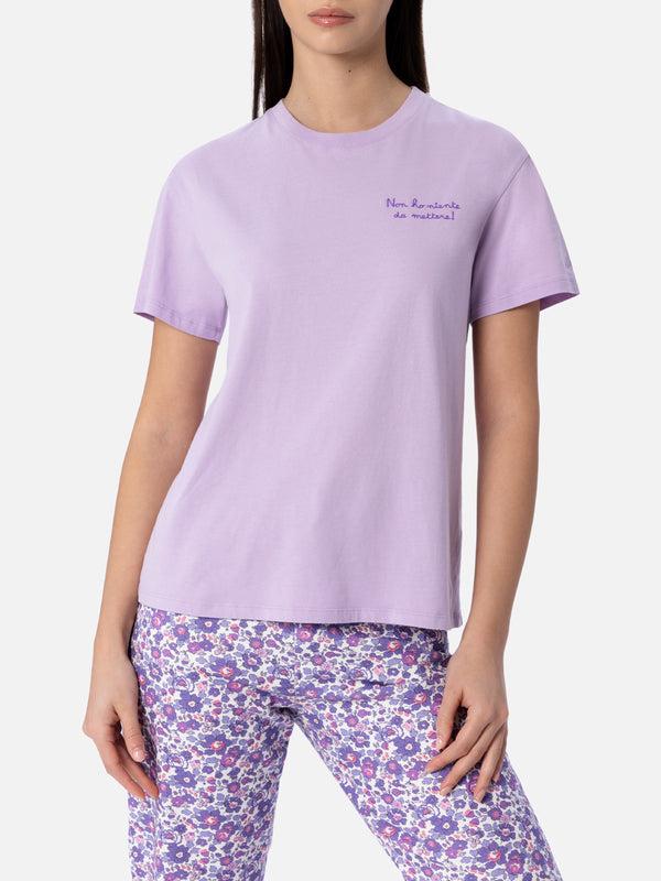 Woman lilac cotton jersey crewneck t-shirt Emilie with Non ho niente da mettere embroidery