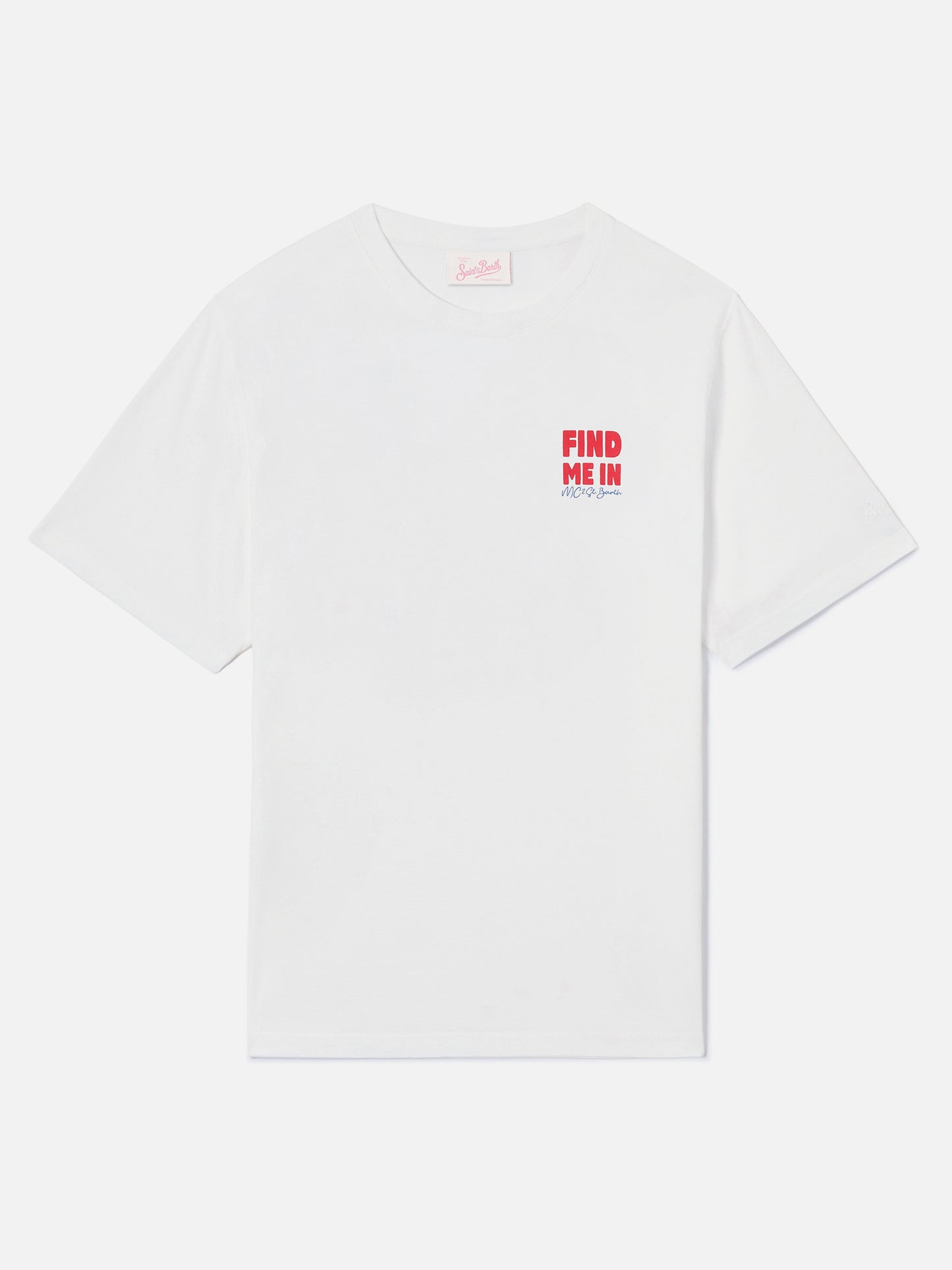 White Emilie T-shirt with Find Me in Vacation print